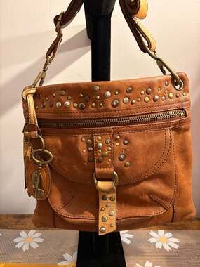 Fossil Vintage Sasha Studded Tan Leather Crossbody Bag